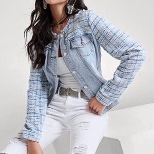 VENUS Blue Tweed Light Blue Denim Jean Casual Coquette Jacket Size 14 Large
